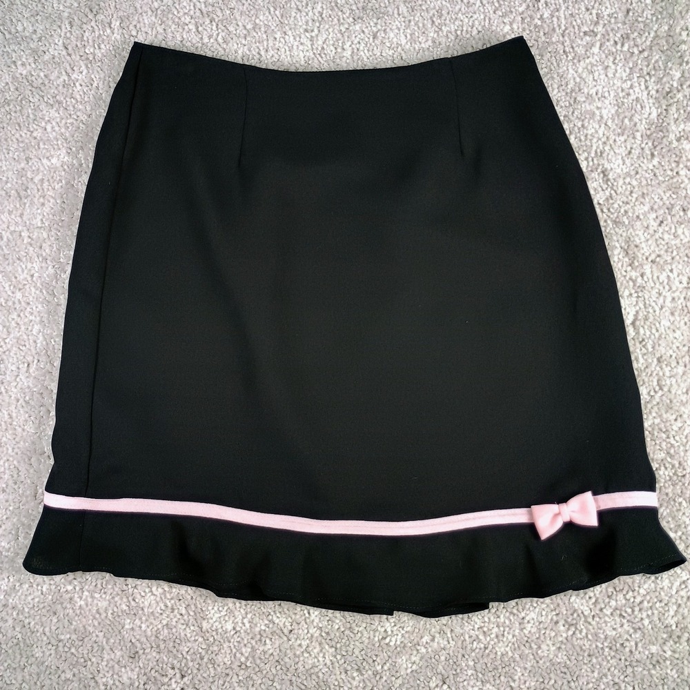 Vintage Y2K Michele Black Mini Skirt Pink Bow Trim Ruffle Hem Coquette Petite 8P - Picture 1 of 7